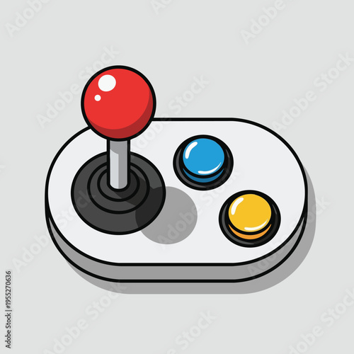 Vintage arcade joystick controller with red, blue, and yellow buttons on gray