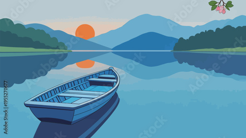 Sunset over water with a blue boat drifting in a calm lake surrounded by mountains and trees