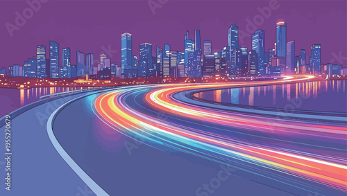 City skyline at night with colorful light trails from passing vehicles along winding road in a modern urban area