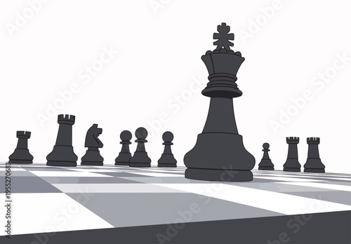 Black chess pieces stand on a chessboard with the king in front during a game in a quiet room in the evening