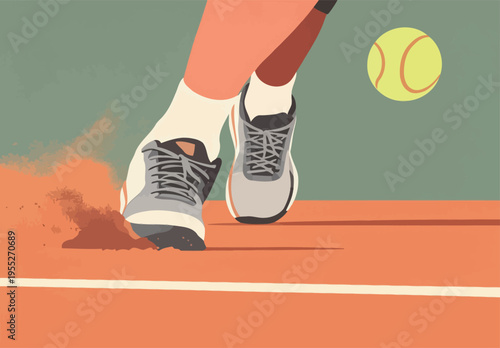 Tennis player serves ball during match on clay court in the afternoon sun with focus on foot and ball movement