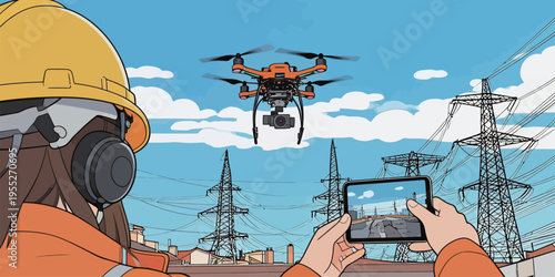 Worker operates a drone in a power line area, capturing images while monitoring surroundings during the daytime