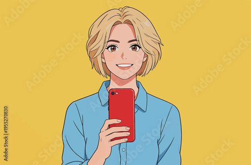 Woman holds red smartphone and smiles against a bright yellow background in a casual setting during the daytime