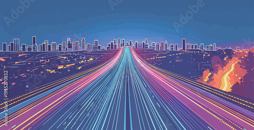 City skyline view at night with bright lights and busy road in foreground