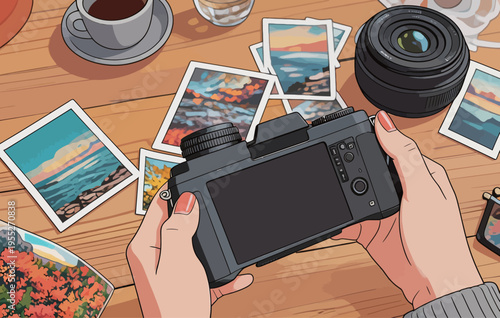 Person holding a camera above a table with printed photos and a cup of coffee during the early morning