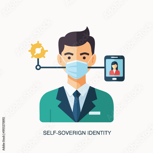 Man in medical mask with connected phone showing profile, and gear icon