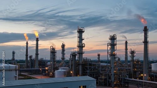 Industrial oil refinery and petrochemical plant with tall distillation columns smokestacks and storage tanks at dawn for energy production industry