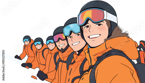 Group of friends enjoying a ski trip in winter wear while smiling on the snowy slopes in a mountain area during daytime