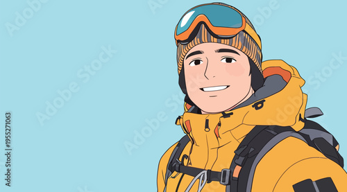 Person wearing yellow winter jacket and goggles smiles while standing