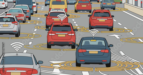 Traffic scene showing cars on city street with signals for connection and communication in modern urban setting during daytime