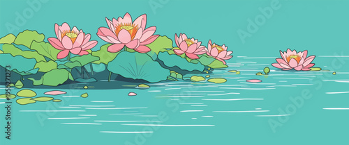 Lotus flowers bloom on calm water surface in a tranquil pond during sunny daytime with clear blue sky