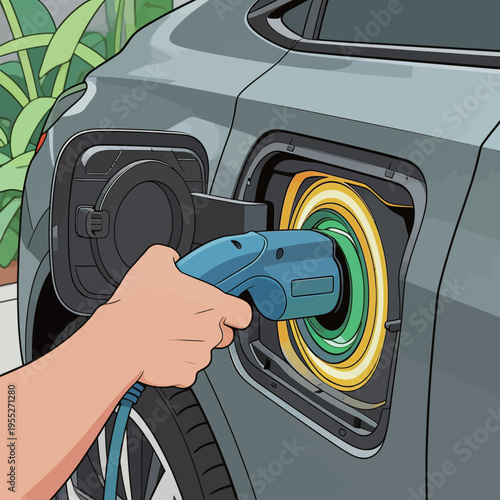 Charging an electric car in a parking lot during the day near green plants and a building