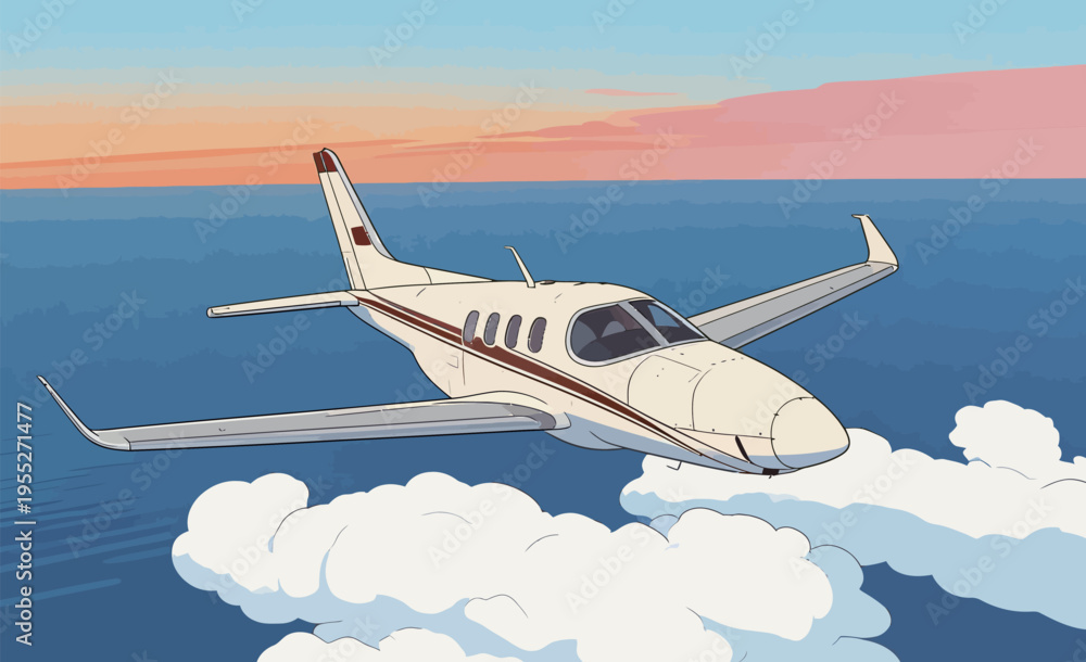 Naklejka premium Plane is flying above the clouds at sunset over the ocean near a coastal area with distant land