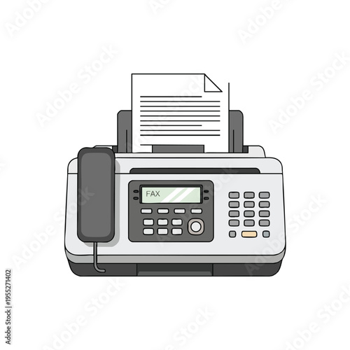 A fax machine with a handset, keypad, screen, and paper feed slot