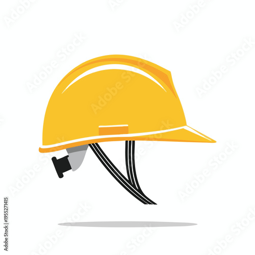 A yellow hard hat with black straps and a gray adjustable band