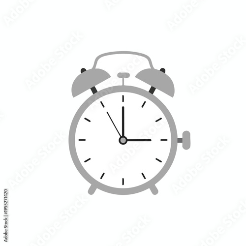 A minimalist, flat illustration of a gray alarm clock against a white background