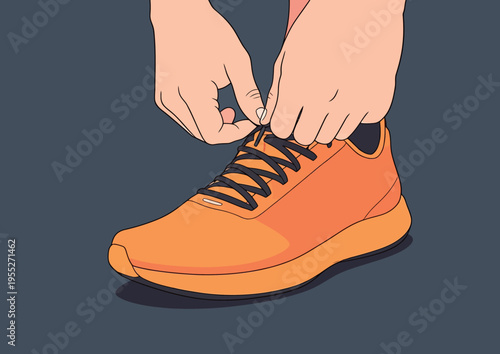 Person ties shoelaces on orange running shoes before a workout or exercise session in a simple indoor setting