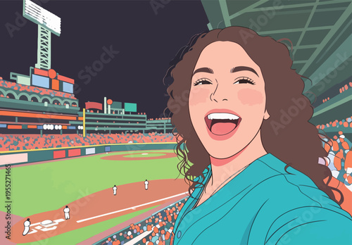 Selfie taken at a baseball game in a sports stadium during evening hours with fans in the background