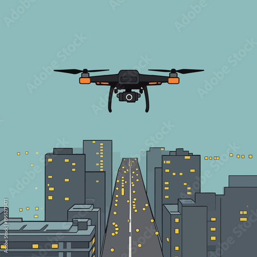 Drone flies over city buildings at night capturing views of streets and lights while people go about their evening routines