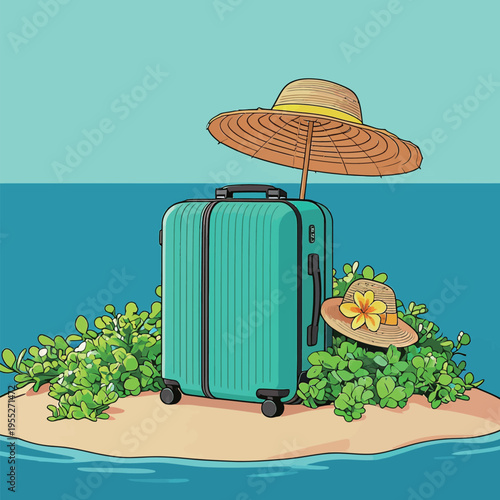 Suitcase and sun hats on a small island by the water with green plants and clear blue sky