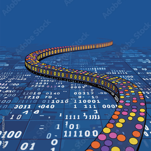 Data flow forms a colorful path on a background of binary numbers and digital patterns in a tech environment
