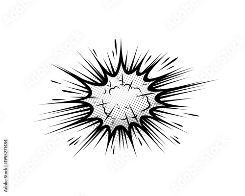 Dynamic black and white comic book style explosion burst graphic design element isolated on white
