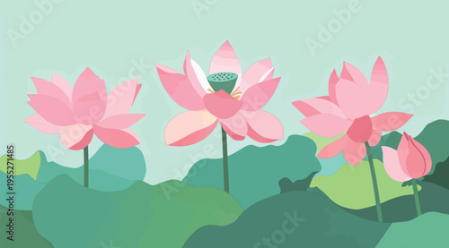Pink flowers grow in a pond surrounded by green leaves on a sunny day in a quiet nature scene