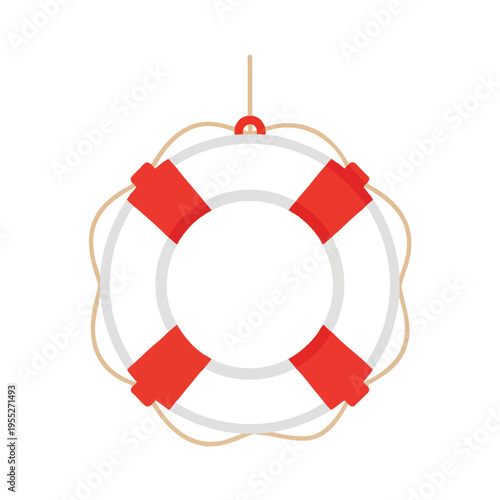 A classic life preserver with red sections and rope, suspended by a thin cord