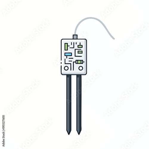 Stylized illustration of a soil moisture sensor with two probes and a circuit board