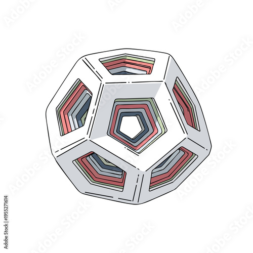 Layered polyhedron with pentagonal faces and colorful inner segments
