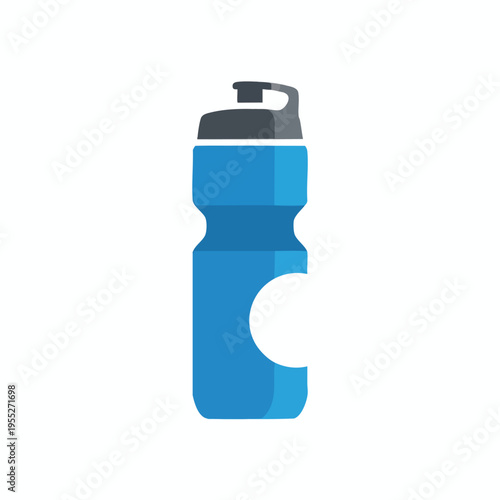 A stylized blue and gray water bottle with a white oval on its side
