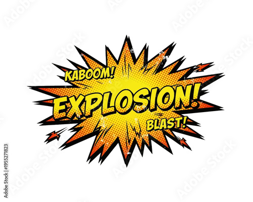 Iconic comic book style vector graphic illustration featuring bold text and explosive energy bursts