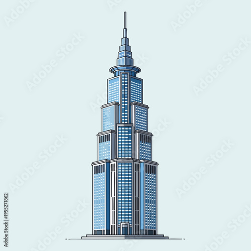 Tall, modern skyscraper with tiered structure, reflecting windows, and spire
