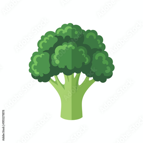 A stylized flat illustration of a vibrant green broccoli head and stem