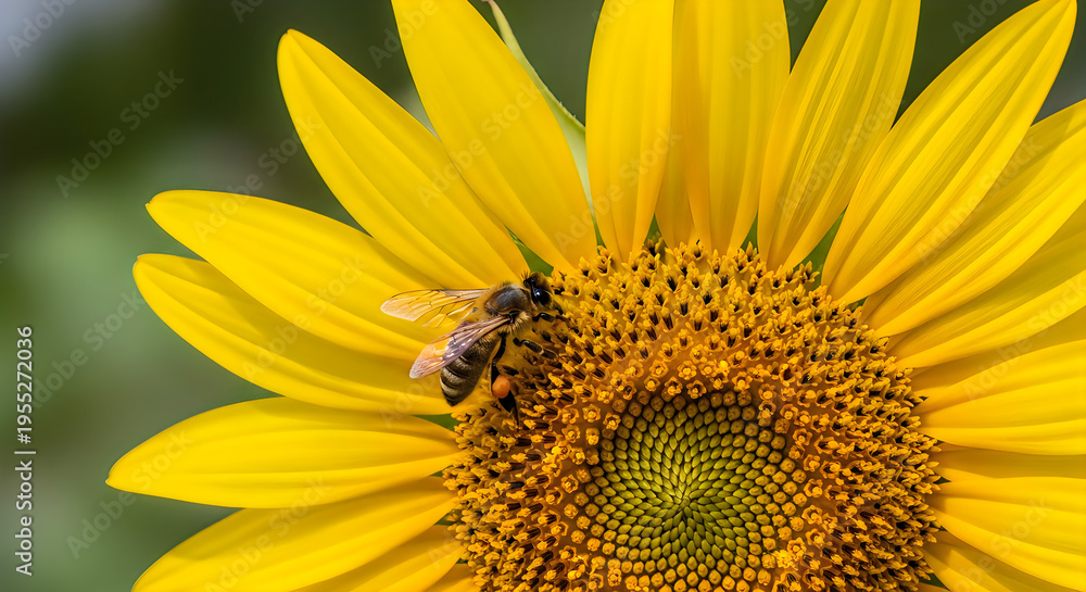 Naklejka premium Close-up of yellow sunflower with bee on blurred green background