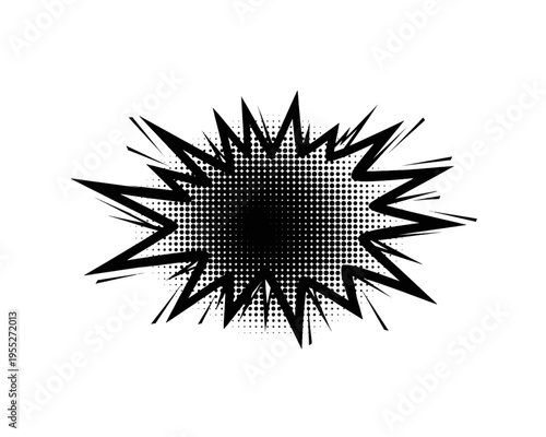 Dynamic vector illustration of a comic book style explosion burst graphic, featuring a vibrant black and white halftone dot pattern.
