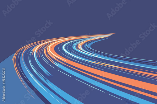 Colorful light trails on a curved road at night with a simple background for visual impact