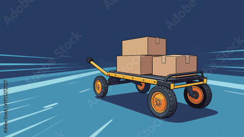 Cart with boxes moves quickly across a blue background during a busy delivery time