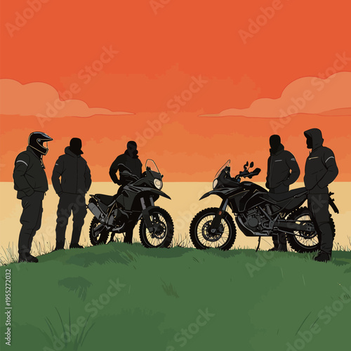Riders gather during sunset near open fields with motorbikes at a remote location