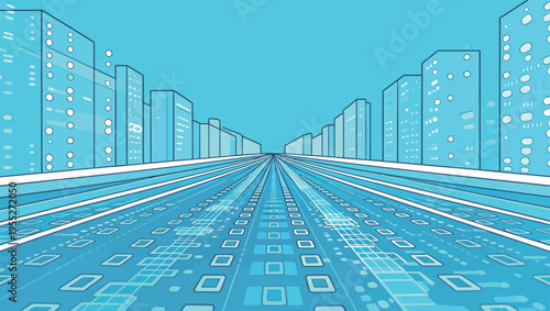 Cityscape with digital road and buildings under blue sky in a simple graphic design style