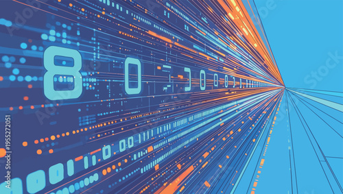 Digital lines and numbers move fast in a blue space showing a sense of motion and connectivity in technology and data transfer