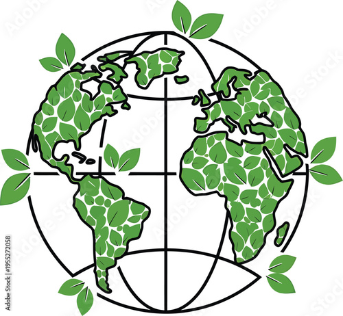 Plastic free globe vector icon leaf replacing debris global sustainability eco environment minimal flat black line design white background illustration