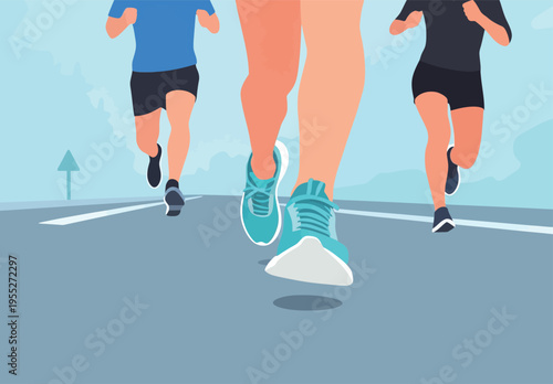 Runners jog along a clear road under a blue sky with soft clouds during a sunny day