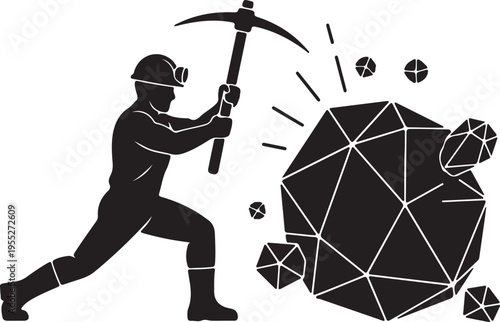 A black and white silhouette vector of a miner with a pickaxe breaking a large faceted gem or ore, with smaller pieces scattering.