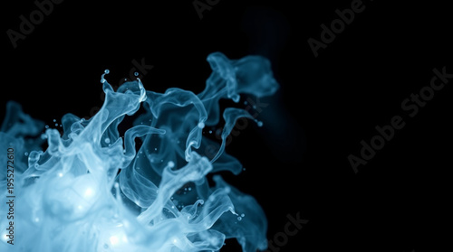 Ethereal abstract shape composed of blue smokelike material flowing dynamically against a dark mysterious background.