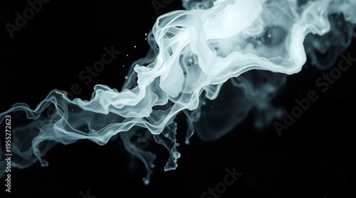 Abstract smoke swirls gracefully against a dark backdrop, blending soft blue and white hues,