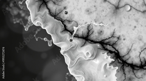 Abstract microscopic view showcasing intricate biological or mineral structures with melted vinyl and ink splashes techn