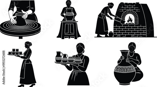 Pottery making silhouettes, ceramic artist crafting clay, traditional pottery workshop, kiln firing process, handmade ceramics, artisan craft, creative studio illustration