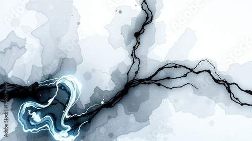 Abstract watercolor decorative artwork featuring neural network like lines in gray and black,