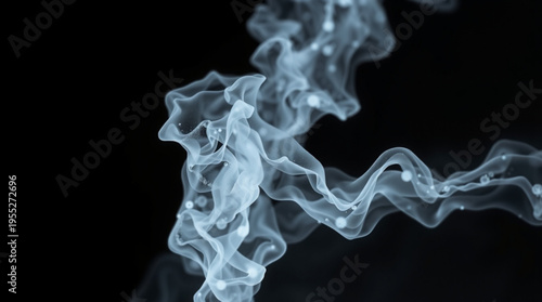 Abstract composition of rising smoke in white and gray against black backdrop, intricate textures like delicate lace,
